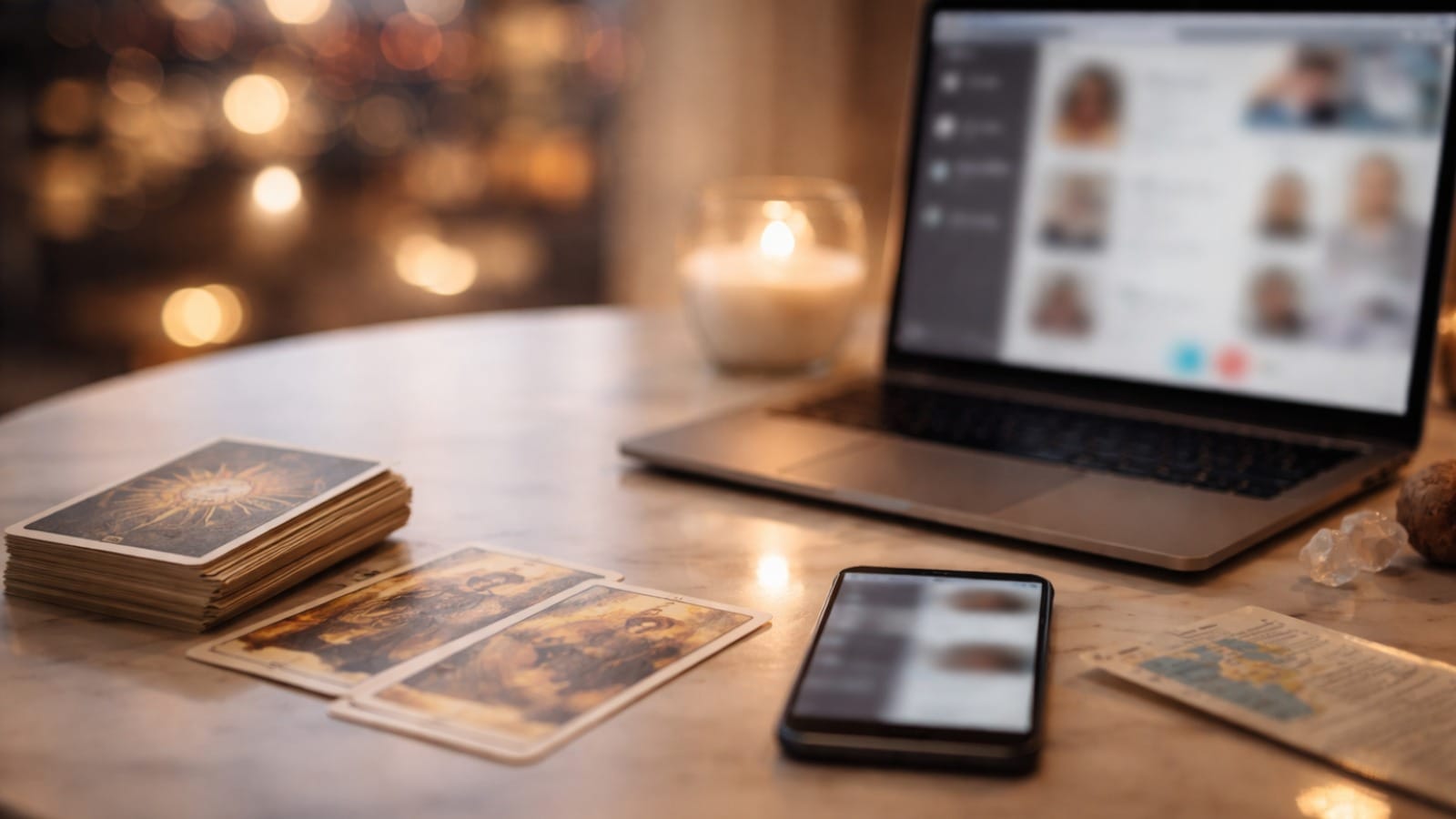 Móvil con videollamada o chat desenfocado y cartas de tarot, imagen para consulta de tarot desde Estados Unidos