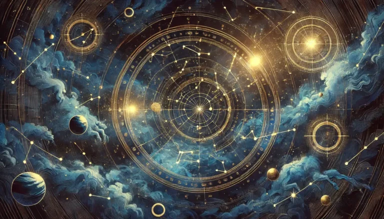 Ilustraci&oacute;n de un mapa estelar detallado con constelaciones y planetas alineados en el momento del nacimiento, representando la influencia c&oacute;smica en la personalidad y el destino.