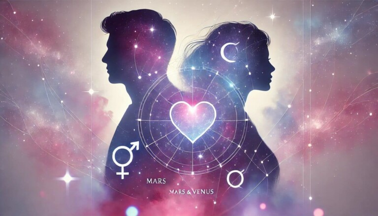 Ilustraci&oacute;n m&iacute;stica de pareja conectada por l&iacute;neas estelares y energ&iacute;a astrol&oacute;gica, con gr&aacute;ficos planetarios y fondo gal&aacute;ctico en tonos m&aacute;gicos.