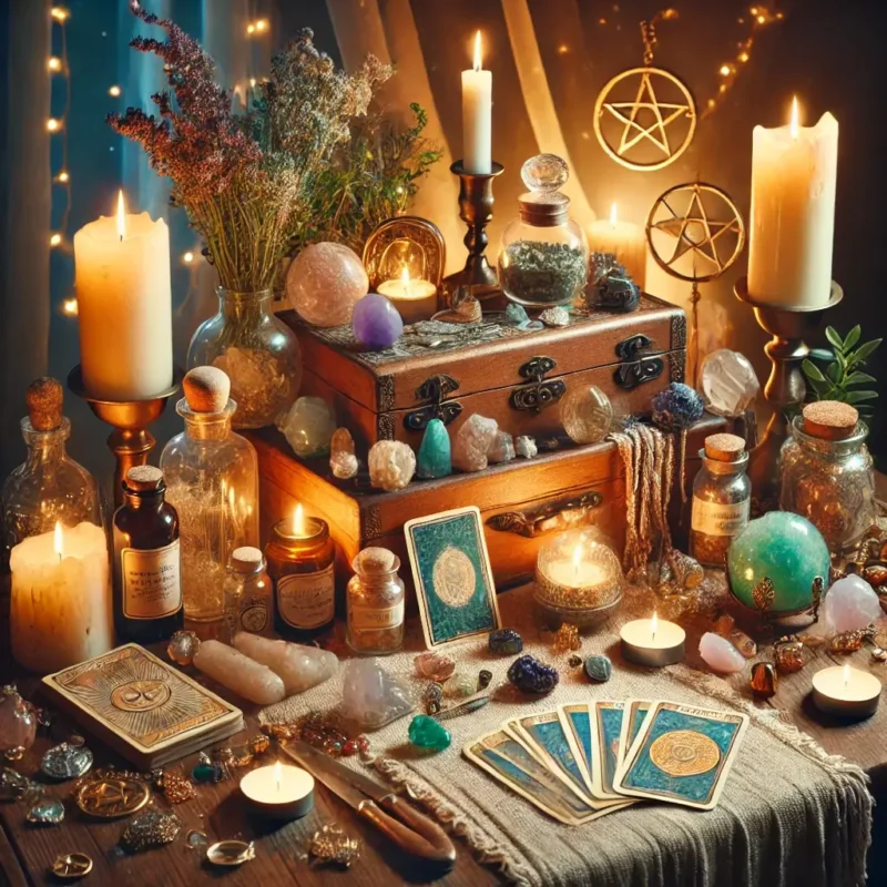 imagen de objetos esotéricos brillando en un entorno místico, ideal para guías y rituales espirituales.