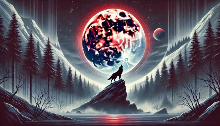 Luna llena roja brillando sobre un bosque nevado con un lobo aullando desde una roca, escena m&aacute;gica y espiritual.