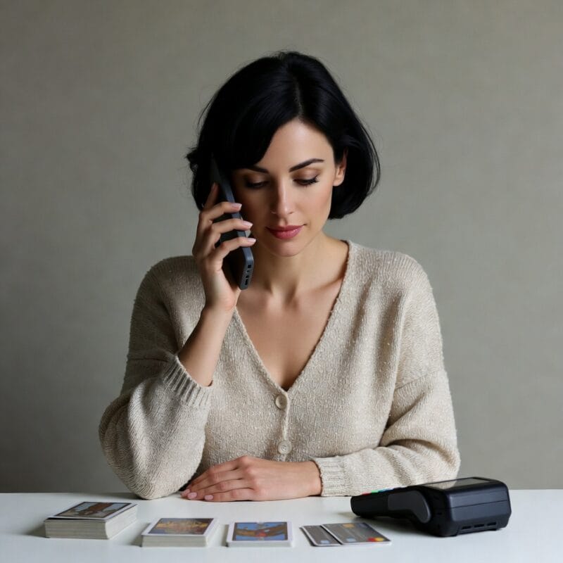 Tarotista atendiendo una consulta por teléfono con cartas de tarot y terminal de pago con tarjeta sobre la mesa